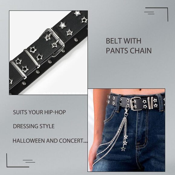 Punk Star Belts Hip Hop Black Belt Double Prong Buckle Belt With 8311 - Picture 3 of 6